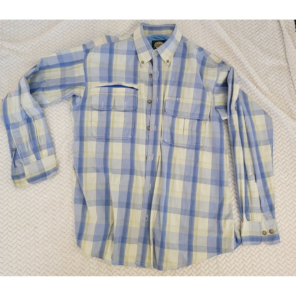 Cabela's Vented LS Blue Yellow Button Down Plaid Outdoor Camp Fishing Shirt LRG
